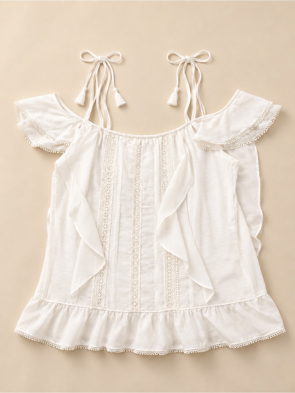 White House Black Market White Boho Cold Shoulder Ruffle Lace Top Size M